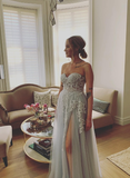 Elegant A Line Sweetheart Neck Corset Appliques Light Grey Tulle Prom Dress Evening Dress HZ1023