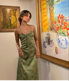 Green Vintage Printed Satin Party Dress Midi Length Formal Prom Dress HZ1023