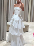 White Strapless Multi-layer Evening Dress Long White Prom Dress HZ1023