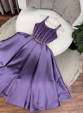Purple A Line Spaghetti Strap Beaded Pearls Satin Long Prom Dress Evening Dress HZ1023