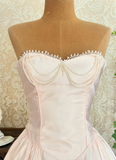 Vintage Sweetheart Neck Pearls Lace Light Pink Satin Birthday Dress Wedding Dress HZ1023