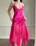 Hot Pink Sexy A Line Spaghetti Strap Lace Satin Prom Dress Evening Dress HZ1023