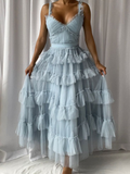 Elegant Blue Tulle Layers Long Prom Dress HZ1023