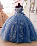 Sweetheart Tulle Applique Quinceanera Dresses Blue Off Shoulder Formal Prom Dress HZ1023