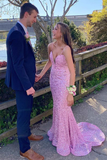 Pink Sequin Plunge V Mermaid Long Prom Dress HZ1023