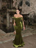 Elegant Mermaid Off the Shoulder Green Velvet Long Prom Dress Evening Dress HZ1023