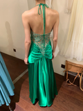Vintage A Line Halter Pleated Beaded Sequin Emerald Satin Open Back Prom Dress Evening Dress HZ1023