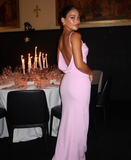 Elegant Sheath Spaghetti Strap Pink Satin Long Prom Dress Evening Dress HZ1023