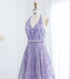 Lilac A Line V Neck Sequin Beaded Tulle Long Prom Dress Evening Dress HZ1023