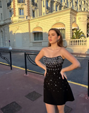 Black A Line Strapless Rhinestone Satin Short Homecoming Dress Evening Dress HZ1023