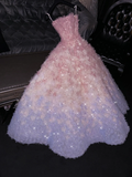 Purple Pink Ombre A Line Strapless 3D Flower Tulle Long Prom Dress Graduation Prom Dress HZ1023