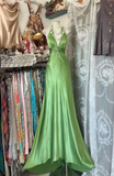 Vintage A Line Halter Beaded Green Satin Open Back Prom Dress Evening Dress HZ1023