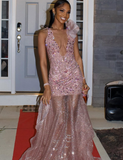 Gorgeous Mermaid V Neck Pink Sequin Tulle Long Sweep Prom Dress Evening Dress HZ1023
