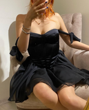 Cute A Line Off the Shoulder Black Satin Chiffon Short Homecoming Dress Evening Dress HZ1023