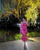 Cute Sheath Strapless Hot Pink Satin Prom Dress Graduation Prom Dress HZ1023