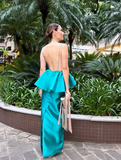 Elegant Sheath Spaghetti Strap Blue Satin Open Back Prom Dress Evening Dress HZ1023