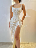 Sexy Sheath Strapless Ivory Lace Prom Dress Evening Dress with Slit HZ1023