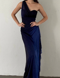 Elegant Sheath One Shoulder Navy Blue Ombre Chiffon Long Prom Dress Evening Dress HZ1023