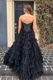 Black Strapless Multi-Layers Tulle Long Prom Dress HZ1023