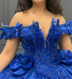 Gorgeous Ball Gown Off the Shoulder Flower Appliques Blue Satin Sweet 16 Dress, Quinceanera Dress HZ1023