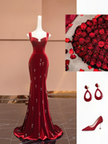 Burgundy Mermaid Straps Beaded Velvet Long Prom Dress Party Dress HZ1023