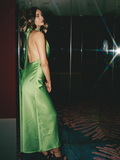 Charming A Line Halter Green Satin Long Open Back Prom Dress Evening Dress HZ1023