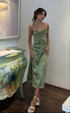 Green Vintage Printed Satin Party Dress Midi Length Formal Prom Dress HZ1023