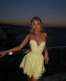 Cute A Line Halter Yellow Lace Short Formal Homecoming Dress Middle School Short 16th Birthday Outfits Graduation Dress Cocktail Dresses HZ1023