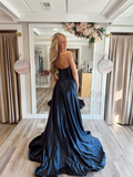 Elegant A Line Sweetheart Neck Navy Blue Satin Long Prom Dress Evening Dress HZ1023
