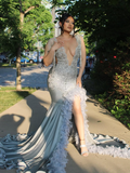 Gorgeous Mermaid Deep V Neck Beaded Feather Long Sweep Prom Dress Evening Dress HZ1023