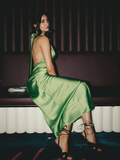 Charming A Line Halter Green Satin Long Open Back Prom Dress Evening Dress HZ1023