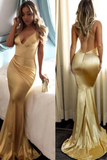 Charming Satin V Neck Backless Long Mermaid Prom Dresses HZ1023