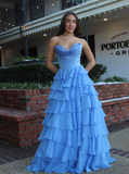Unique A Line Sweetheart Neck Blue Lace Satin Chiffon Long Prom Dress Evening Dress HZ1023