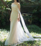 Flowy Simple Ivory A Line Pleated Tulle Long Evening Dress Party Dress HZ1023