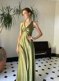 Green Sheath Halter Bow Satin Open Back Prom Dress Graduation Prom Dress HZ1023