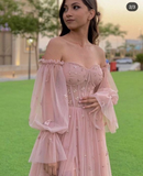 Pink Tulle Sweetheart Neck Long Sleeves Prom Dress Evening Dress HZ1023