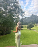 Ruffle Strap Backless Tassels Slit Elegant Sexy SlimLong Prom Dress HZ1023