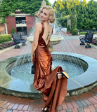 Elegant Mermaid Straps Brown Satin Long Sweep Prom Dress Evening Dress HZ1023