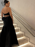 Unique Mermaid Strapless Black Tulle Satin Long Prom Dress Evening Dress with Bow HZ1023