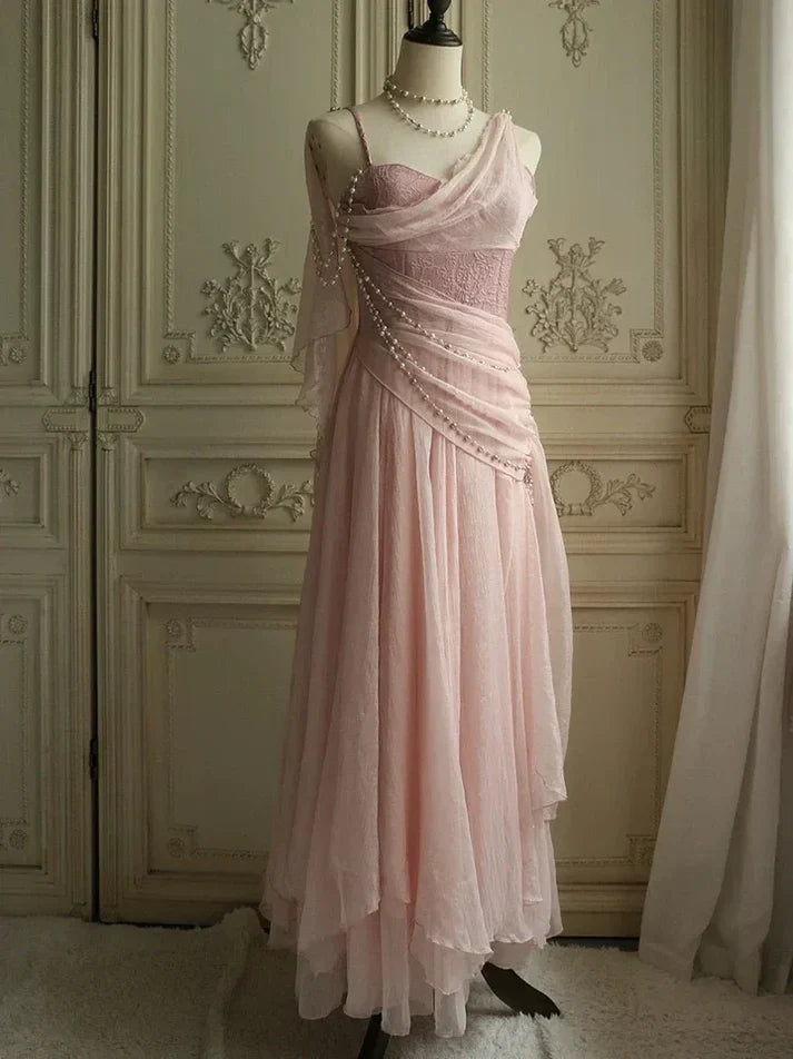 Lovely Pink Chiffon Prom Dress Princess Pearls Spaghetti Straps Evening Gown HZ1023