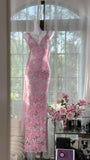 Dreamy Exquisite Pink Floral Lace Sheath Spaghetti Strap Prom Dress Evening Dress Formal Dress HZ1023