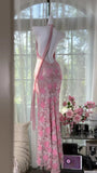 Dreamy Exquisite Pink Floral Lace Sheath Spaghetti Strap Prom Dress Evening Dress Formal Dress HZ1023