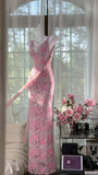 Dreamy Exquisite Pink Floral Lace Sheath Spaghetti Strap Prom Dress Evening Dress Formal Dress HZ1023