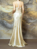 Light Champagne Mermaid Halter Beaded Satin Open Back Prom Dress Party Dress HZ1023