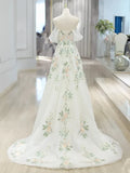 A Line Off Shoulder Tulle Lace Applique White Long Prom Dress Formal Dress HZ1023
