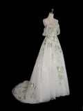 A Line Off Shoulder Tulle Lace Applique White Long Prom Dress Formal Dress HZ1023