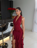Burgundy A Line Halter Layered Chiffon Backless Party Dress Evening Dress with Slit HZ1023