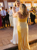 Simple Mermaid Halter Yellow Satin Open Back Bridesmaid Dress Evening Dress HZ1023
