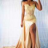 Gorgeous Mermaid Sweetheart Neck Lace Champagne Satin Prom Dress Evening Dress HZ1023