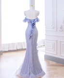 Lavender Flower Ruffles Beaded Lace Prom Dress Mermaid Evening Dress HZ1023